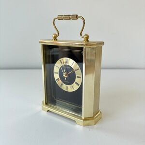 Vintage Elgin Quartz Carriage Clock Brass Gold Tone Black Dial Roman Numerals